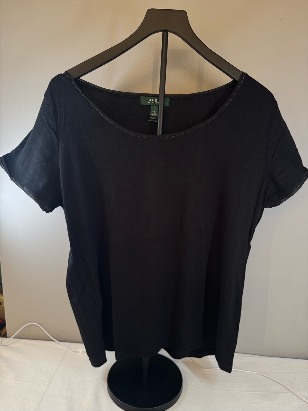 Ralph Lauren Black Short Sleeve Scoop Neck Tee With Beading Around Neck/Sleeves